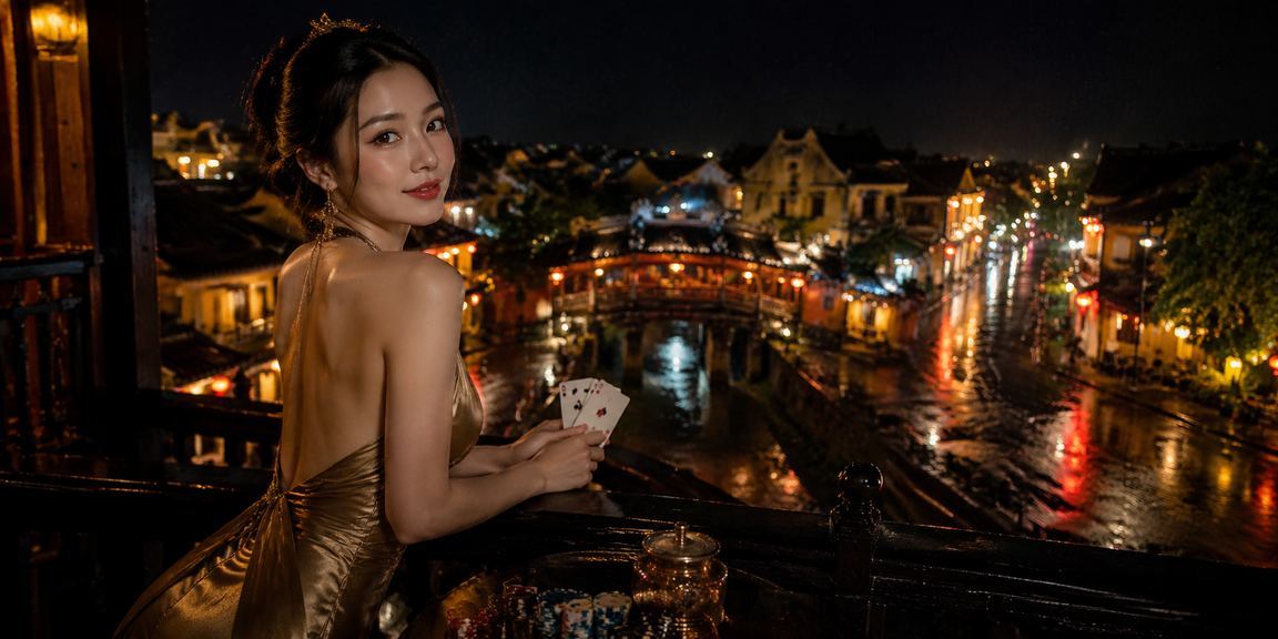 Người chơi thưởng thức game bài tại chợ đêm Hội An với phong cách hiện đại
